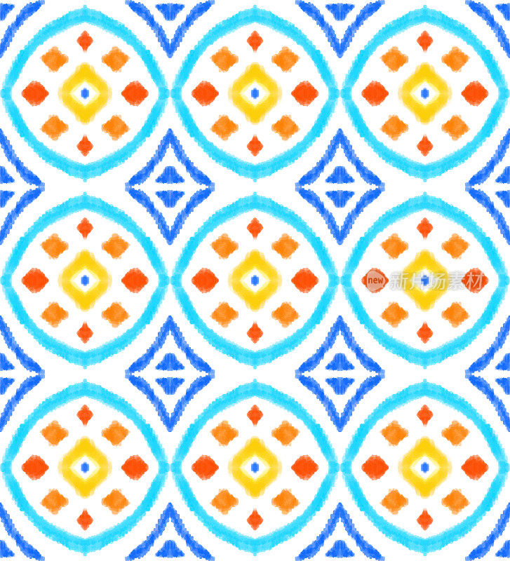 Hand Drawn Modern Ikat Pattern with Vibrant Colors. Modern Ikat Pattern with Vibrant Colors. Bohemian Style Pencil Drawing Design Element. Pastel Drawing Vector Tile Pattern. Gypsy, Indian Traditional Design.
